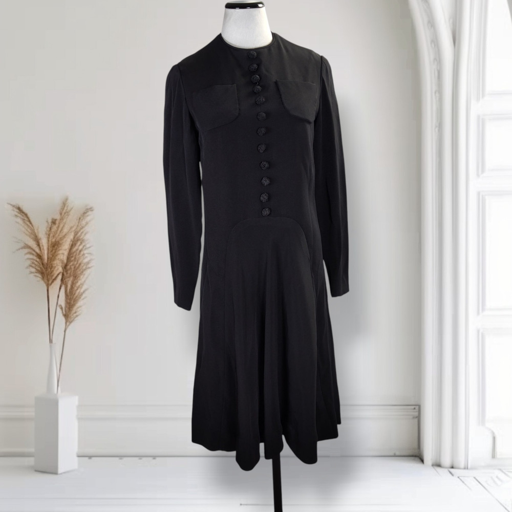 Vintage 60s Black Mod Dress Frog Button Drop Waist Long Sleeve A Line 8